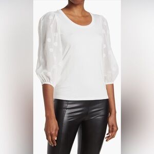 NWT Tahari White Chiffon Polka Dot Puff Sleeve Top XS